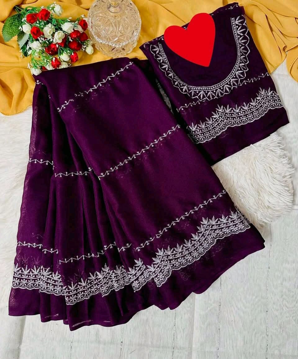 জর্জেট এমব্রয়ডারি শাড়ি উইথ ব্লাউজ পিস